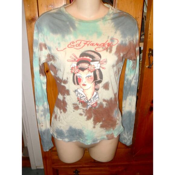 RARE VINTAGE Y2K ED HARDY TIE DYE ASIAN MOTIF LONG SLEEVED LIGHTWEIGHT TEE S - Picture 2 of 11